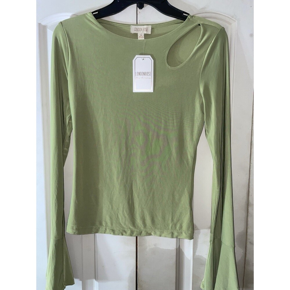 London Rose Long Sleeve Cutout Bell Sleeve Top Womens M Green NWT